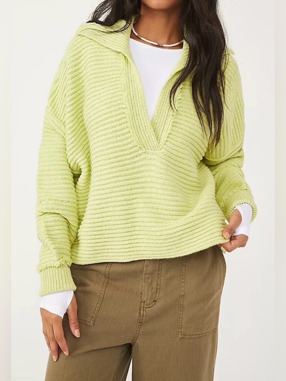 Free People Malie Pullover Sweater in Acid Lime Oversized Relaxed Size L